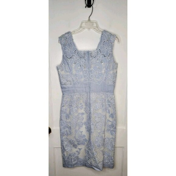 J. Peterman Dress Sheath Ice Blue 100% Linen Cutout Lace Floral Size 10 - Picture 2 of 6
